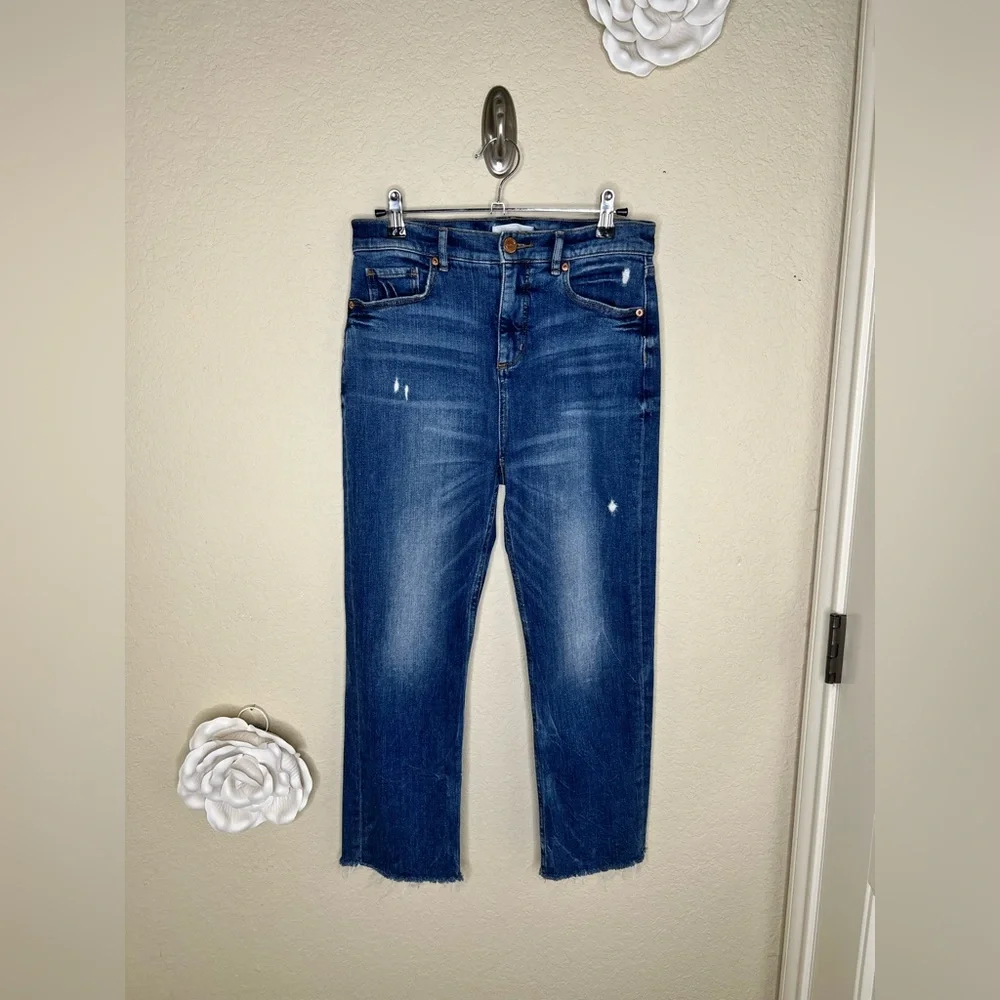 NTM: LOFT High Rise Straight Crop Jeans Medium Wash Distressed Raw Hem Size 27 - Picture 2 of 16